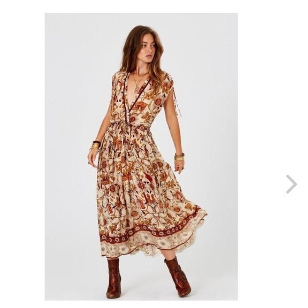 Jen's Pirate Booty Cream & Brown Floral V‑Neck Midi Dress